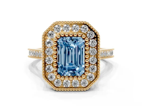 Fancy Blue Emerald Cut Diamond Halo Ring with Milgrain Frame and Pavé Band Yellow gold