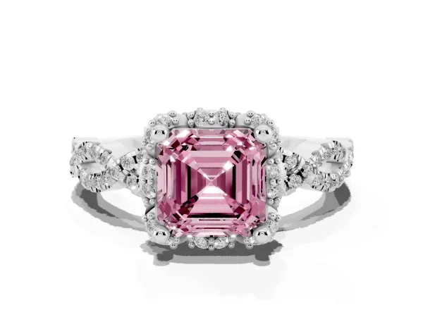 Fancy Pink Asscher Cut Halo Twist Band Solitaire Ring with Six-Prong Setting White gold