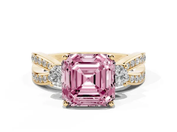 Fancy Pink Three-Stone Asscher Cut Cut Diamond Twist Band with Prong Setting Yellow gold