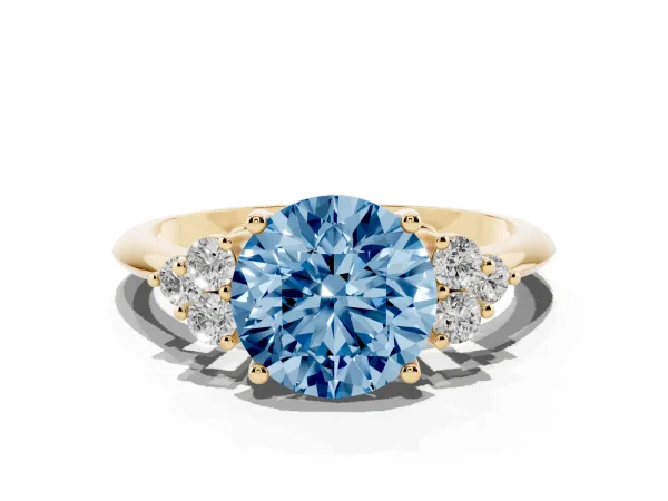 Fancy Blue Round Cut Cut Diamond Cluster Ring with Solitaire Band and Four-Prong Setting Yellow gold