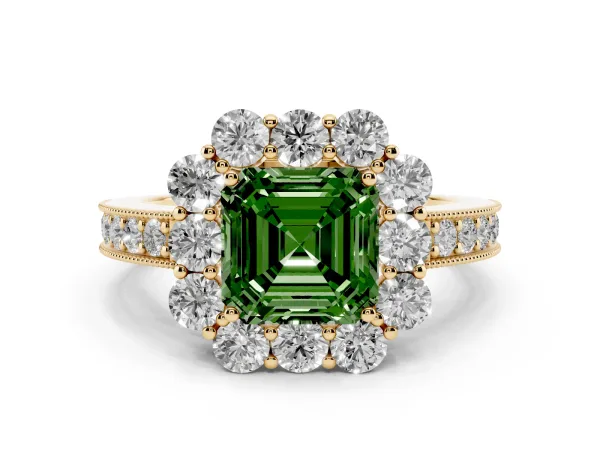 Fancy Green Asscher Cut Cut Halo Diamond Pavé Engagement Ring with Milgrain Detailing Yellow gold