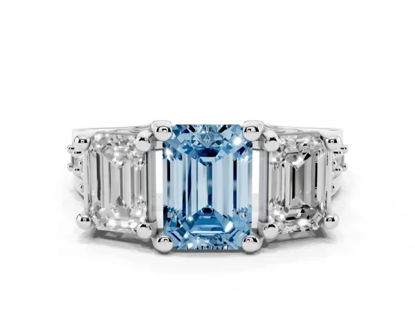 Fancy Blue Emerald Cut Diamond Three-Stone Ring with Channel Set Band and Four-Prong Setting Platinum