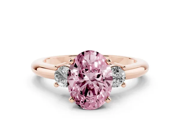 Fancy Pink Three-Stone Oval Cut Cut Diamond Solitaire with Prong Setting and Classic Band Rose gold