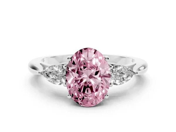 Fancy Pink Three-Stone Oval Cut Diamond Ring with Pear Side Stones in Four-Prong Setting White gold