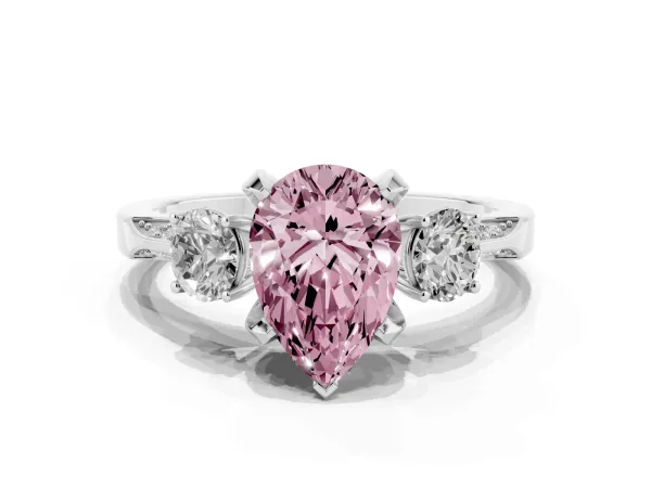 Fancy Pink Pear Cut Brilliant Three-Stone Diamond Ring with Pavé Band and Four-Prong Setting White gold