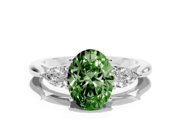 Fancy Green Oval Cut Diamond Three-Stone Ring with Pear Side Stones and Prong Setting Platinum