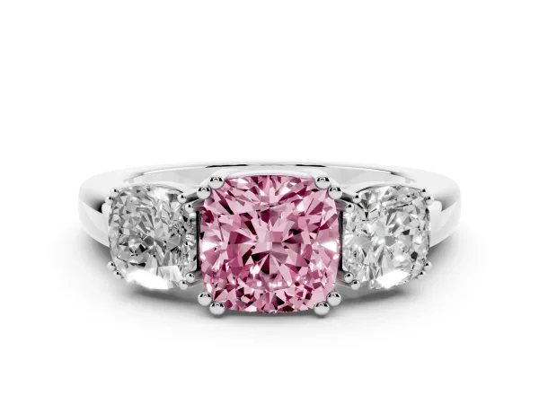 Fancy Pink Three-Stone Cushion Cut Cut Diamond Ring with Channel Set Band and Four-Prong Setting Platinum