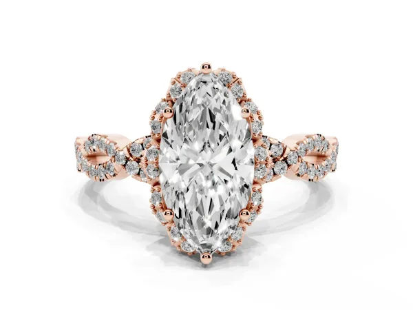 Marquise Cut Halo Twist Band Solitaire Ring with Six-Prong Setting Rose gold