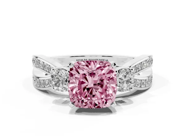 Fancy Pink Three-Stone Cushion Cut Cut Diamond Twist Band with Prong Setting Platinum