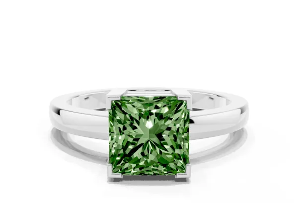 Fancy Green Princess Cut Cut Solitaire Ring with Four-Prong Setting and Classic Band Platinum