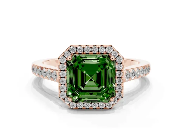 Fancy Green Asscher Cut Halo Pave Diamond Engagement Ring with Four-Prong Setting Rose gold