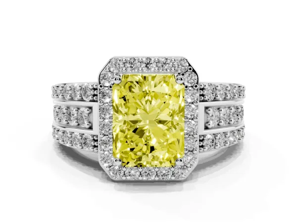 Fancy Yellow Radiant Cut Halo Diamond Ring with Round Split Shank and Prong Setting Platinum