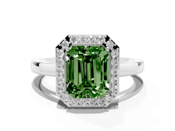 Fancy Green Radiant Cut Halo Diamond Ring with Solitaire Band and Prong Setting Platinum