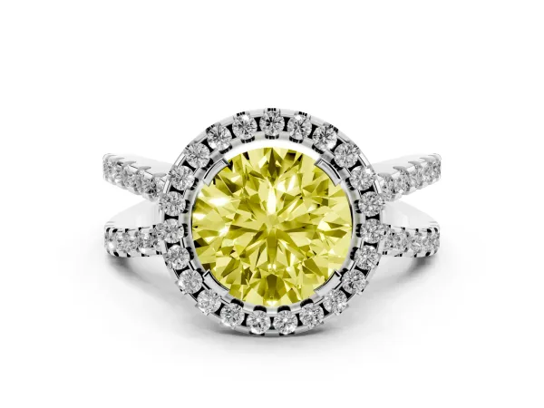 Fancy Yellow Round Cut Diamond Halo Ring with Split Shank Pavé Band and Prong Setting Platinum