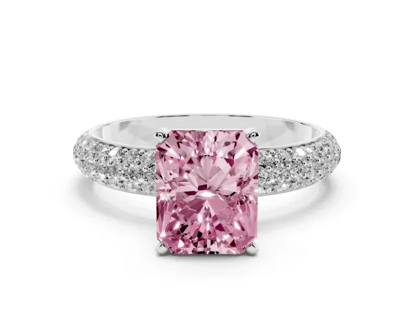 Fancy Pink Radiant Cut Diamond Solitaire Ring with Prong Setting and Pavé Band Platinum