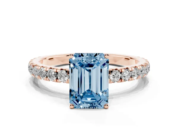 Fancy Blue Emerald Cut Diamond Pavé Solitaire Engagement Ring with Four-Prong Setting Rose gold