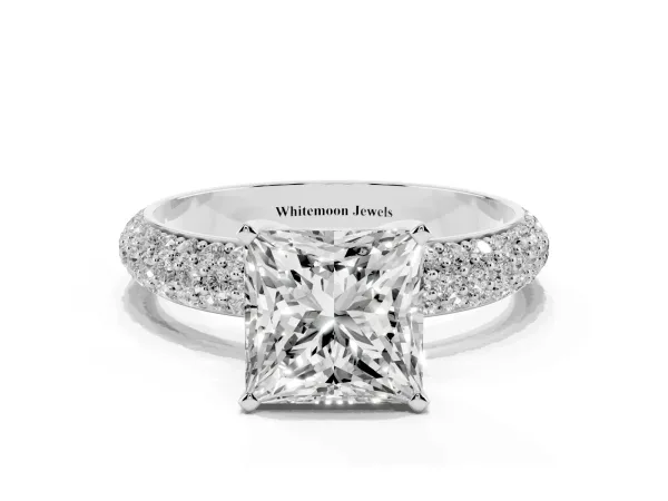 Princess Cut Diamond Solitaire Ring with Prong Setting and Pavé Band Platinum