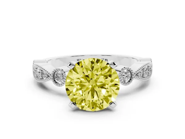 Fancy Yellow Round Cut Milgrain Bezel Diamond Engagement Ring with Solitaire Prong Setting White gold