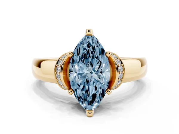 Fancy Blue Marquise Cut Solitaire Diamond Ring with Pave Band and Six-Prong Setting Yellow gold