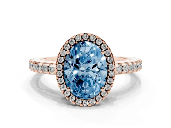 Fancy Blue Oval Cut Diamond Halo Engagement Ring with Pavé Band and Prong Setting Rose gold