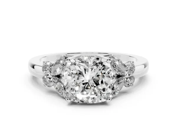 Cushion Cut Cut Solitaire Floral Diamond Ring with Four-Prong Setting White gold