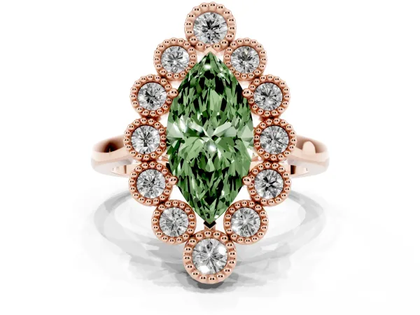 Fancy Green Marquise Cut Halo Diamond Cluster Engagement Ring with Milgrain Bezel Setting and Solitaire Band Rose gold