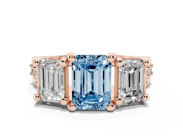 Fancy Blue Emerald Cut Diamond Three-Stone Ring with Channel Set Band and Four-Prong Setting Rose gold