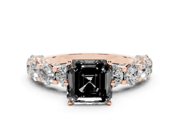 Fancy Black Asscher Cut Diamond Side Stone Engagement Ring with Four-Prong Setting Rose gold