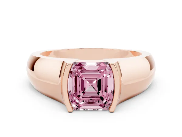 Fancy Pink Asscher Cut Solitaire Bezel Set Diamond Ring with Wide Band Rose gold