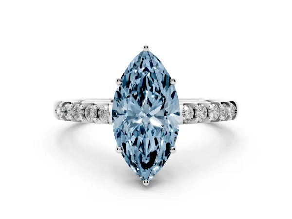 Fancy Blue Marquise Cut Solitaire Diamond Engagement Ring with Pavé Band and Six-Prong Setting Platinum