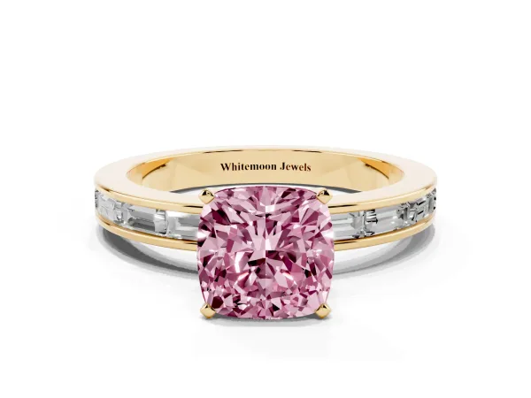 Fancy Pink Cushion Cut Solitaire Diamond Ring with Channel-Set Baguette Band and Four-Prong Setting Yellow gold