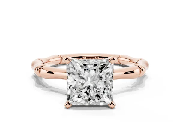 Princess Cut Solitaire Diamond Ring with Bamboo Band and Four-Prong Setting Rose gold