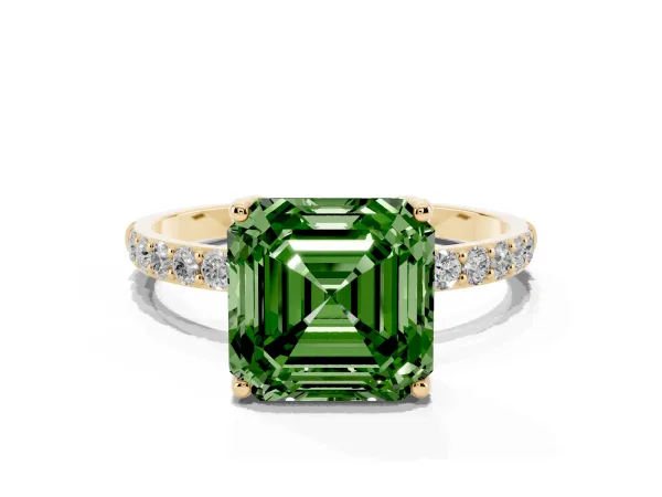 Fancy Green Asscher Cut Diamond Solitaire Engagement Ring with Round Pavé Band and Prong Setting Yellow gold