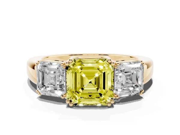 Fancy Yellow Three-Stone Asscher Cut Cut Diamond Ring with Channel Set Band and Four-Prong Setting Yellow gold