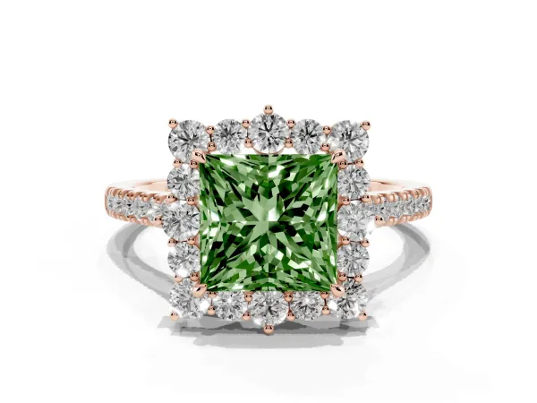 Fancy Green Princess Cut Halo Diamond Ring with Pavé Band and Prong Setting Rose gold