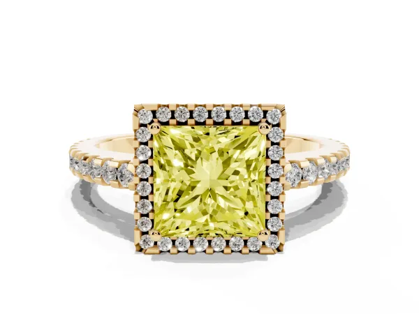 Fancy Yellow Princess Cut Diamond Halo Engagement Ring with Pavé Band and Prong Setting Yellow gold