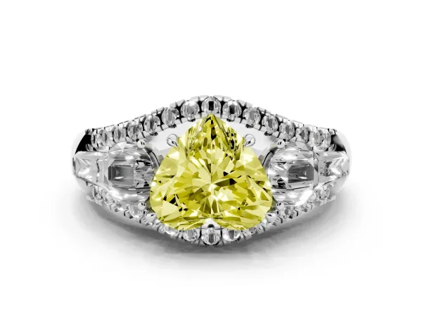 Fancy Yellow Three-Stone Heart Cut Diamond Engagement Ring with Pave Band and Prong Setting Platinum
