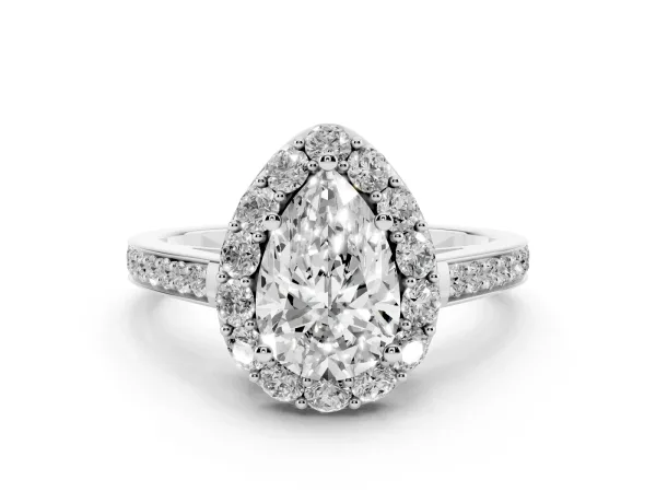 Pear Cut Diamond Floral Halo Ring with Pavé Band and Prong Setting White gold