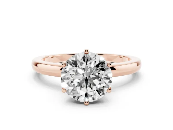 Round Cut Solitaire Diamond Ring with Six-Prong Setting on a Classic Band Rose gold