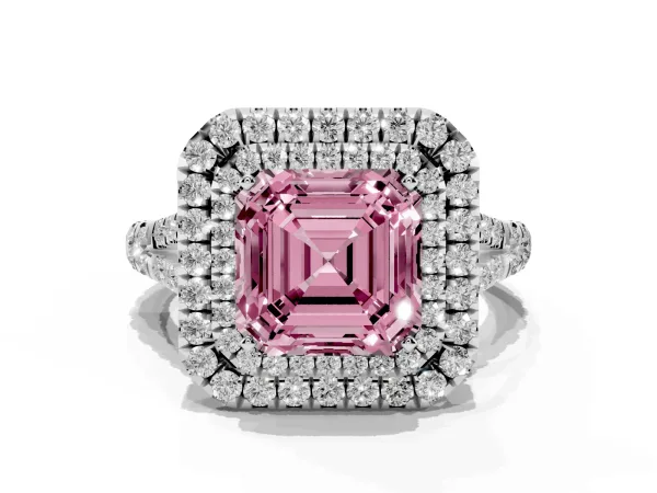 Fancy Pink Asscher Cut Cut Double Halo Split Shank Diamond Ring with Prong Setting Platinum