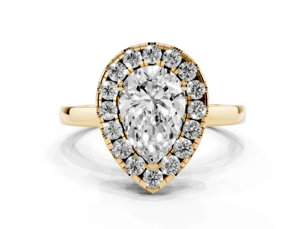 Pear Cut Halo Diamond Solitaire with Pavé Band and Four-Prong Setting Yellow gold