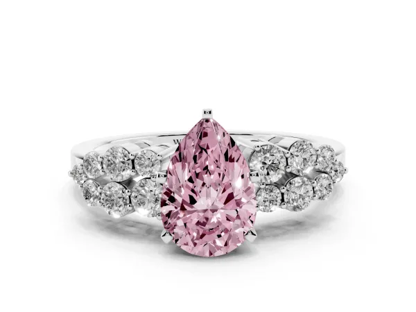 Fancy Pink Pear Cut Cluster Diamond Engagement Ring with Pavé Band and Four-Prong Setting Platinum
