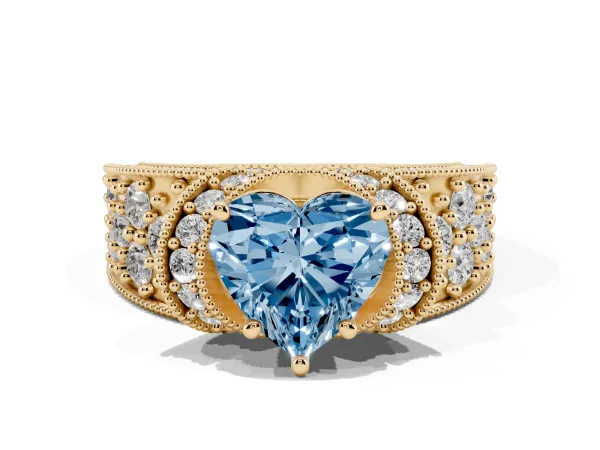 Fancy Blue Heart Cut Halo Pave Diamond Engagement Ring with Milgrain Detailing Yellow gold