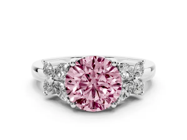 Fancy Pink Round Cut Diamond Floral Cluster Ring with Solitaire Band and Prong Setting Platinum