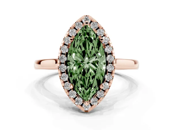 Fancy Green Marquise Cut Halo Round Diamond Solitaire Ring with Pavé Band and Four-Prong Setting Rose gold