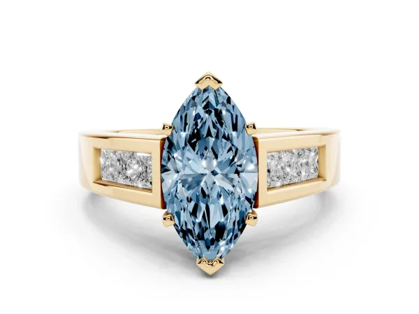 Fancy Blue Marquise Cut Cut Channel Set Solitaire Ring with Four-Prong Setting Yellow gold