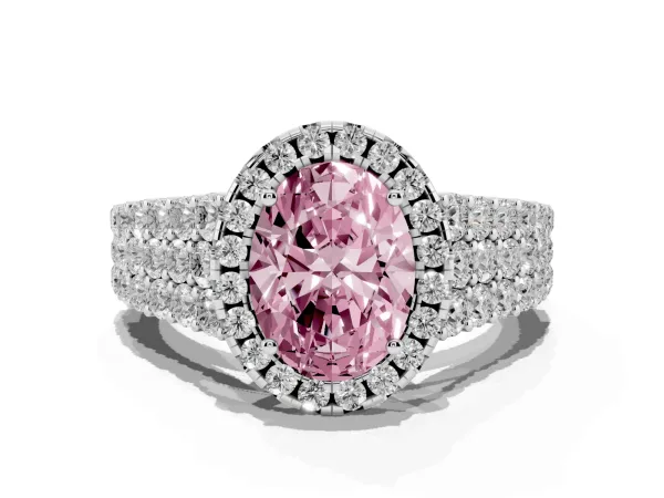 Fancy Pink Oval Cut Diamond Halo Engagement Ring with Triple Row Round Pavé Band and Prong Setting Platinum