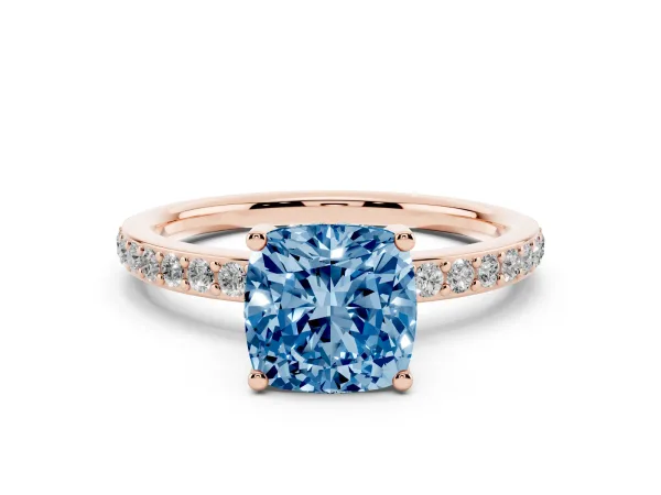 Fancy Blue Cushion Cut Cut Diamond Pavé Band Ring with Four-Prong Setting Rose gold