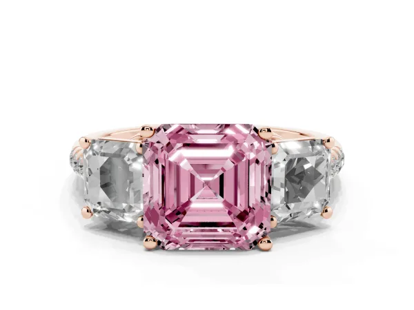 Fancy Pink Three-Stone Asscher Cut Diamond Ring with Round Pavé Band and Prong Setting Rose gold