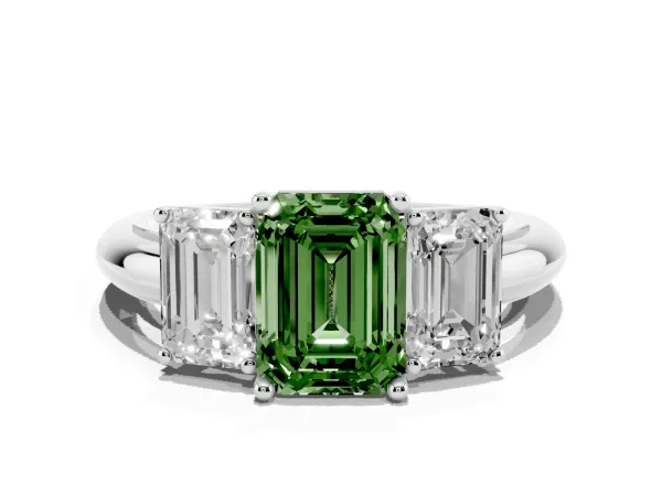 Fancy Green Three-Stone Emerald Cut Cut Diamond Engagement Ring with Prong Setting on a White Gold Band White gold